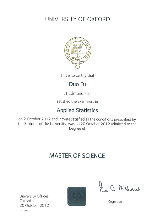 DUO FU Oxford degree certificate